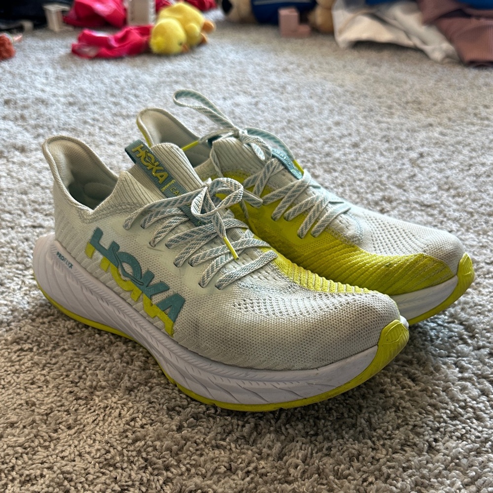 Hoka Womens Sneakers - White and Lime Green and Blue